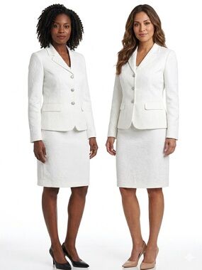 John Meyer White Textured Notch-Lapel Suit with Blazer and Skirt - Women Size 8